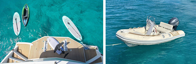 Catamaran Leeway has SUPs, Kayak, e-Foil and a center console dinghy